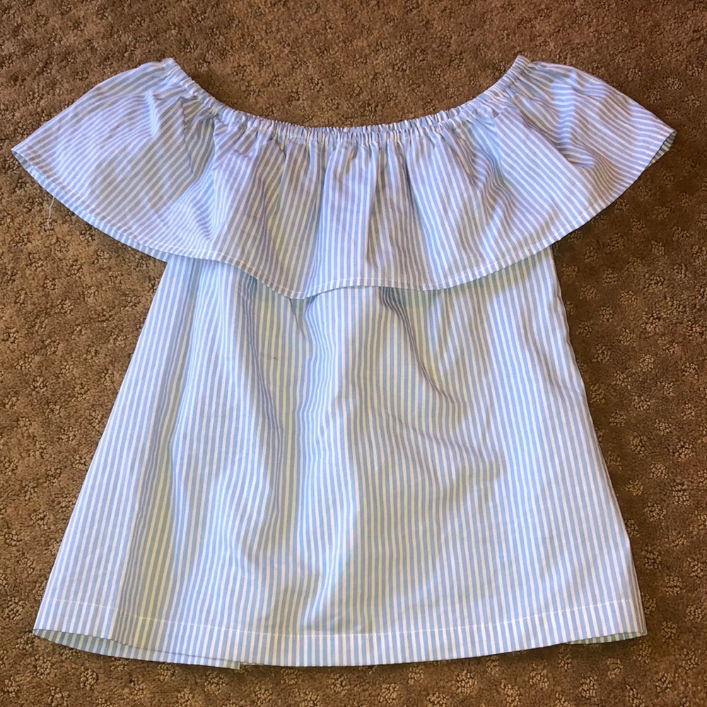 Blue and white striped off the shoulder top